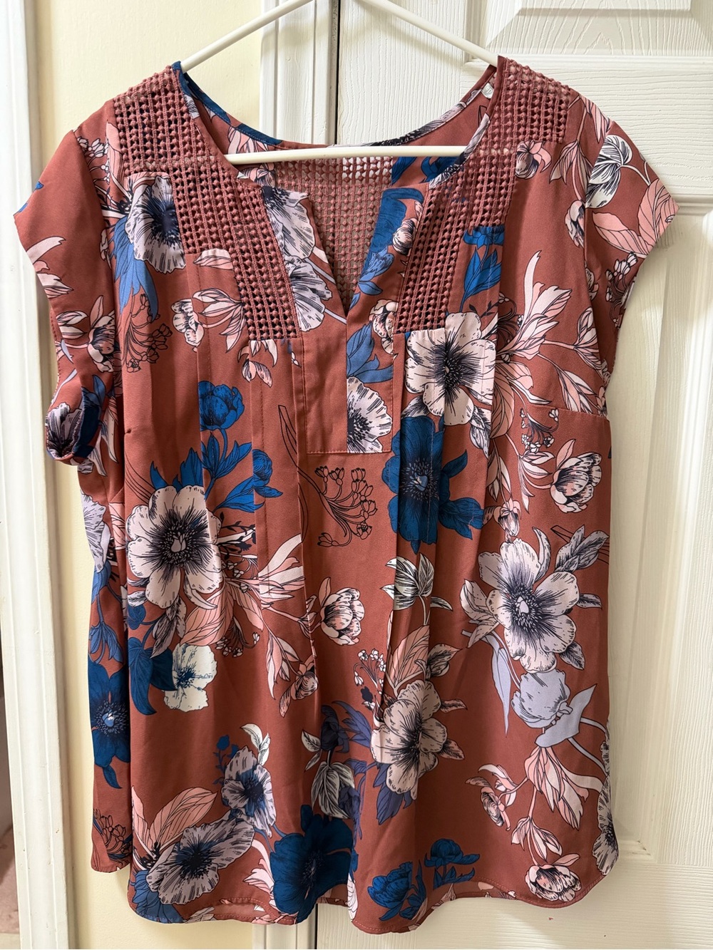 Floral Pintuck V-Neck Blouse - Rust Pink - Picture 1 of 3